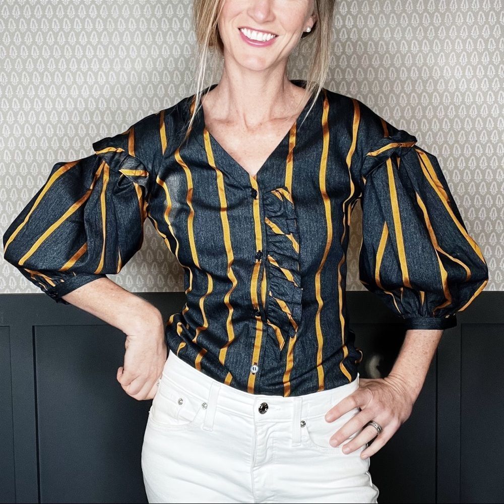 Exaggerated Ruffle Striped Cotton Top